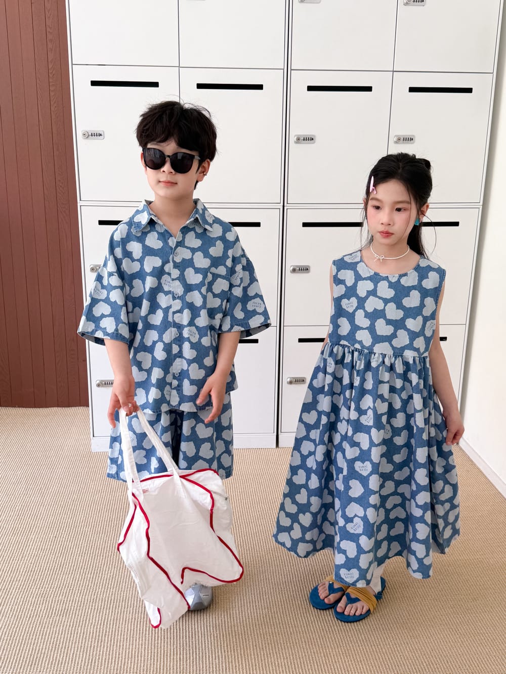 Heart Pattern Denim Set Dress ハート 半袖シャツ ハーフパンツ ノースリーブワンピース【mh0013526】