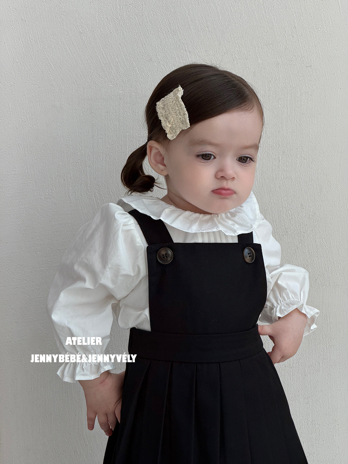 Petos de pleat, pelele, vestido sin mangas y blusa de manga larga con cuello de volantes para bebés y niños 【mh0014660】