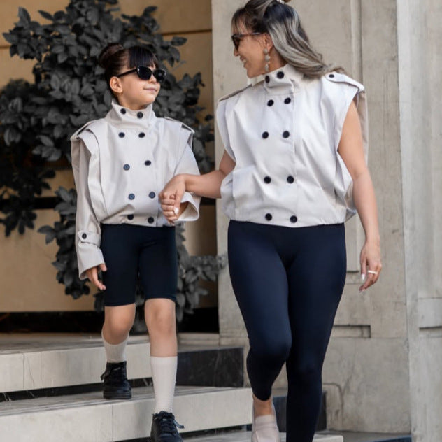 Kids' Shoulder-Pleated Stand-Collar Double-Button Jacket [mh0014740]