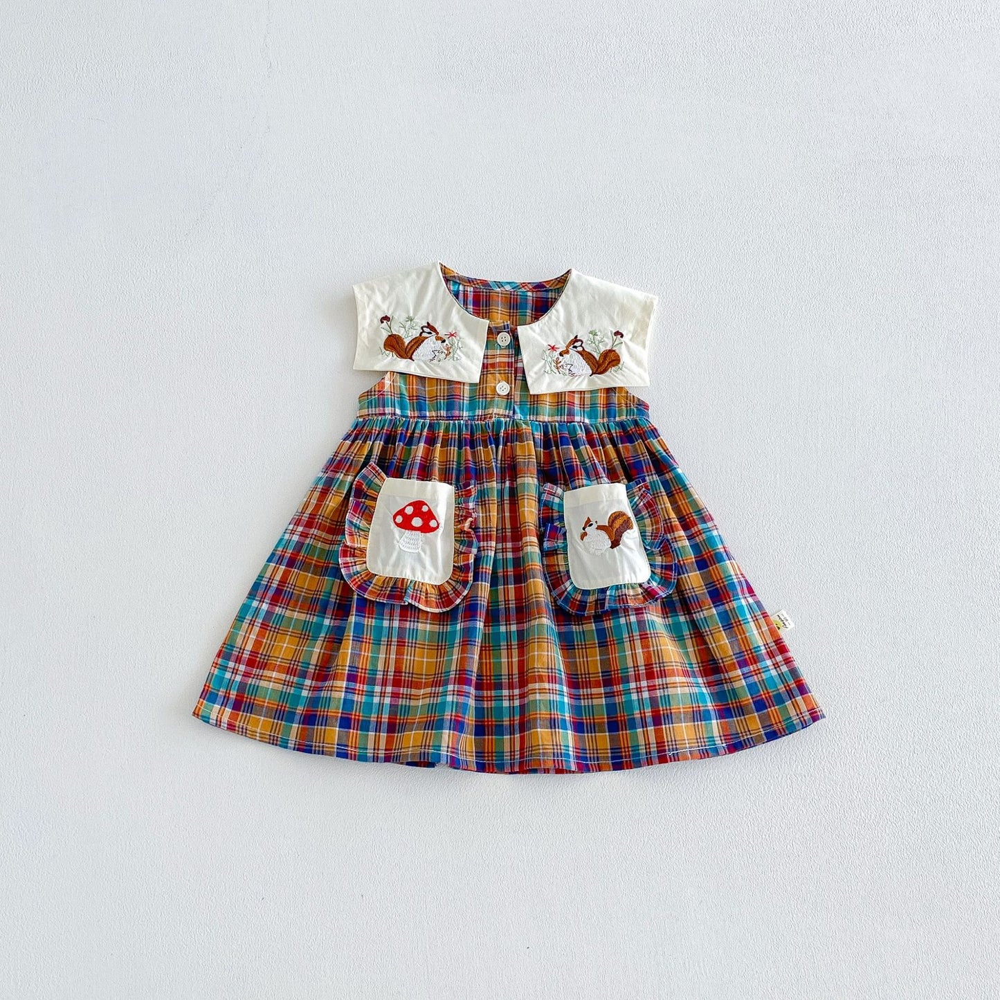 キッズ チェック 刺繍 ポケット ノースリーブ ワンピース【mh0013848】