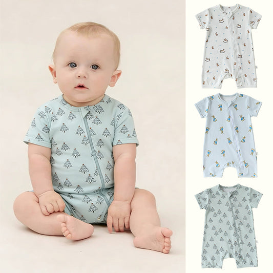 Zipper Front Short Sleeve Cotton アニマル ツリー 半袖ロンパース【mh0012770】