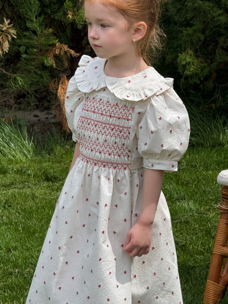 Vintage Cherry Embroidered Sleeve Dress フレンチ 半袖ワンピース【mh0013237】