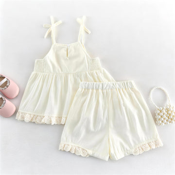 Kids' Ribbon Strap Lace Switching Cami and Shorts Set [mh0013837]