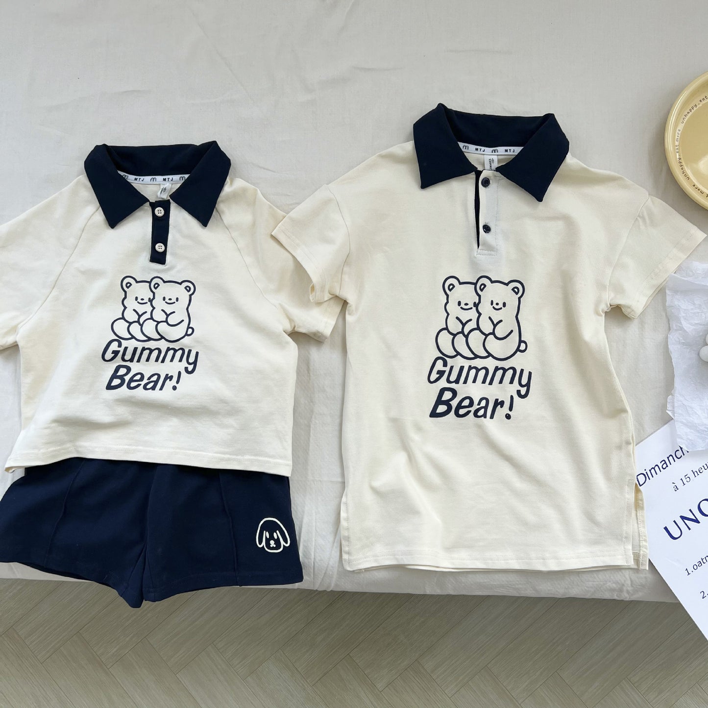 Polo de manga corta con estampado de osos para niños, pantalones cortos y vestido [mh0001950]