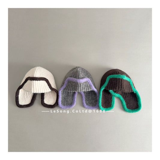 ジュニア ニット帽 バイカラーイピング 耳当て付き ビーニー 韓国風【mh0011594】