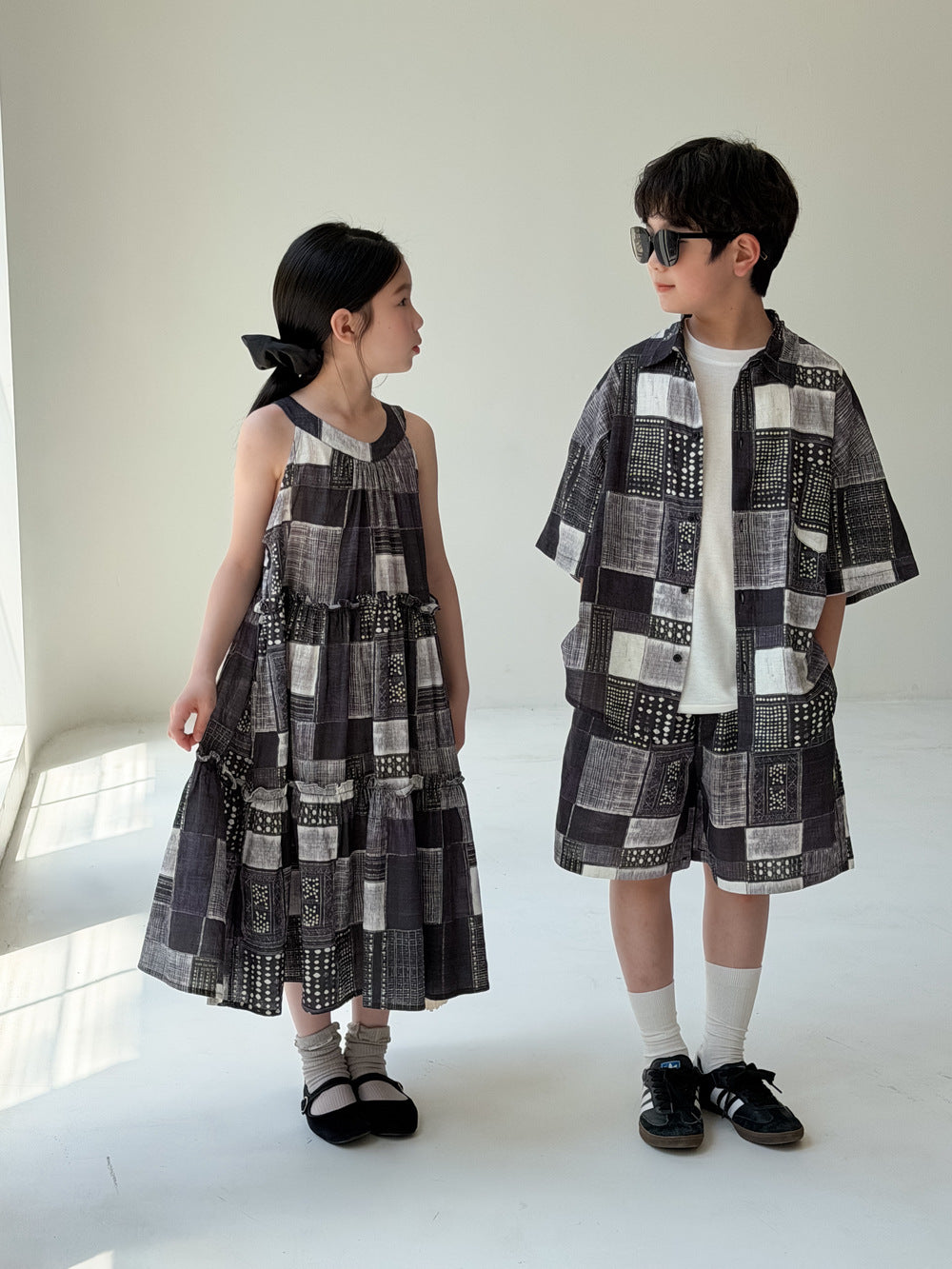 Ethnic Geometric Printed Dress Shirt Shorts Set エスニック ノースリーブワンピース 半袖シャツ ハーフパンツ【mh0013538】