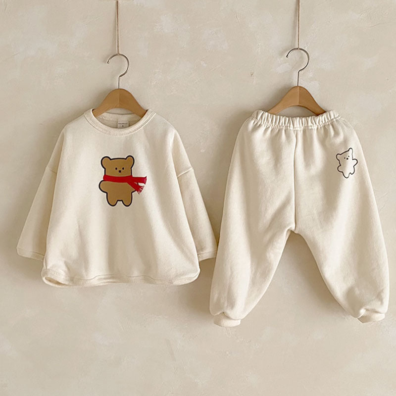 ベビー ボーダー くま ベア ルーズ 長袖スウェット ロングパンツ セット【mh0000689】 - Mamahalo shop - Beige / 73cm