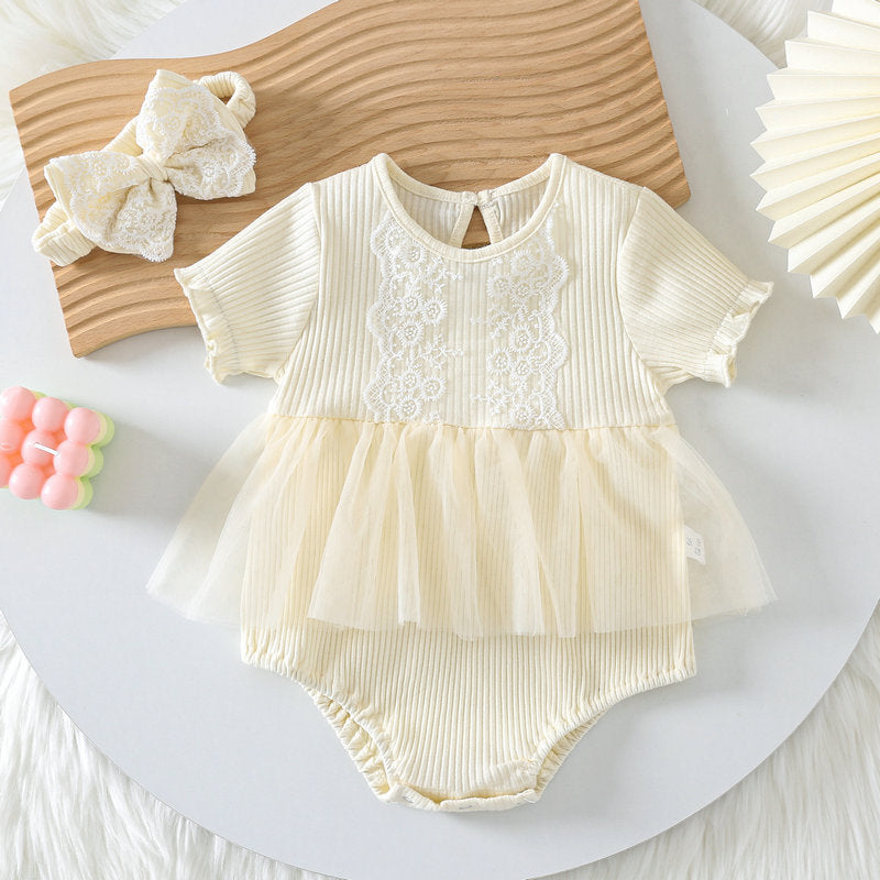 Baby Lace Tulle Frill Short Sleeve Romper Headband Set【mh0001835】