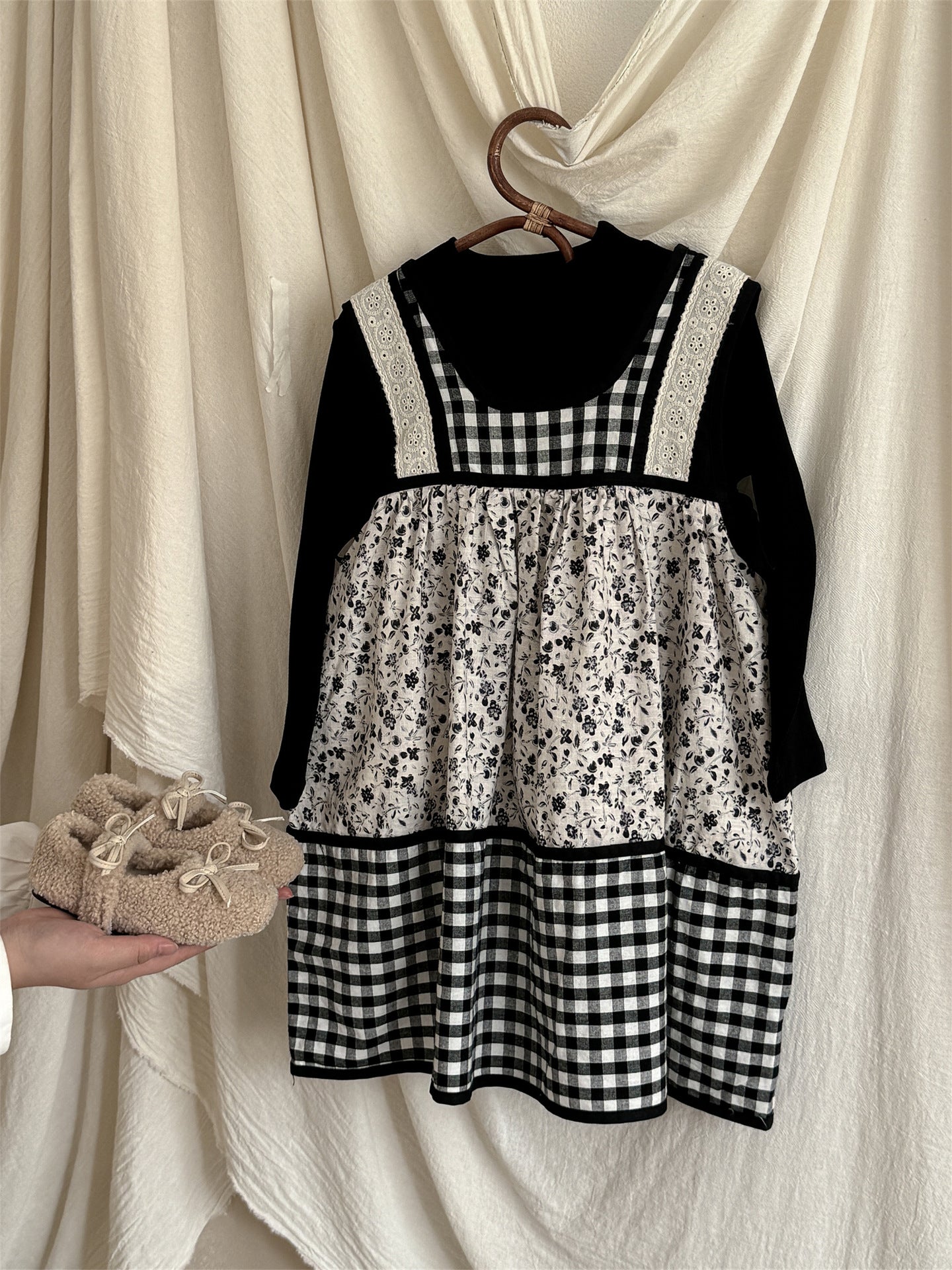 -チェック柄小花プリントノースリーブワンピース レイヤードワンピース【mh0010991】 - mamahalo shop - 長袖セットアップ -  べビー服 - 子供服 - 男の子 - 女の子