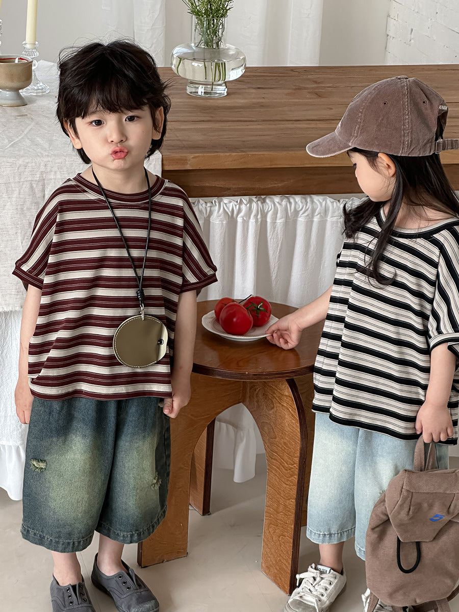 Striped Casual Loose Cotton Tops ボーダー 半袖Tシャツ【mh0013463】