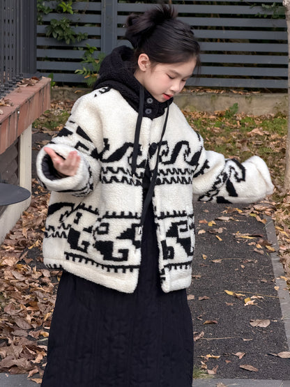 ラムフリースジャケット トライバル柄 ネイティブ柄 フーディコート【mh0011868】