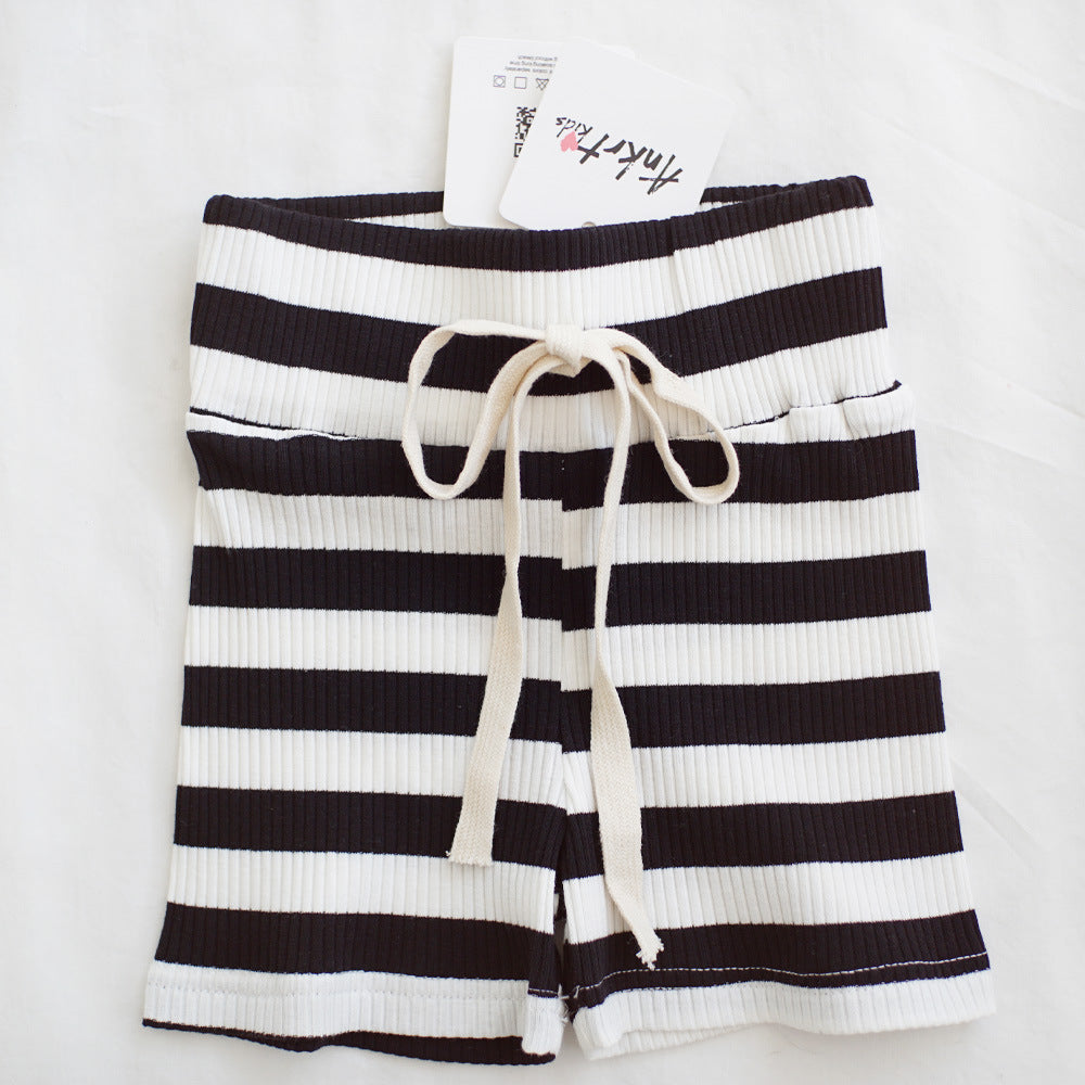 キッズ リブ ボーダー ウエストドロスト ショートパンツ【mh0013813】