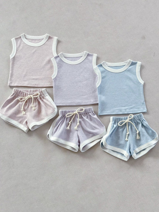 Korean style INS solid color trimmed sleeveless T-shirt and shorts set, a versatile and refreshing summer two-piece set for men, women, and children