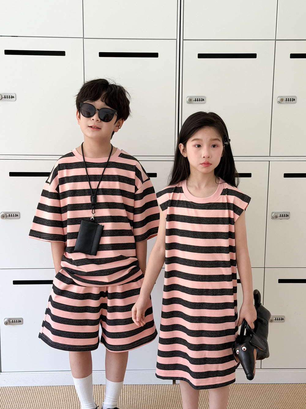 Stripe Loose T-shirt Dress And Shorts Set ボーダー 半袖Tシャツ ハーフパンツ ノースリーブワンピース【mh0013520】