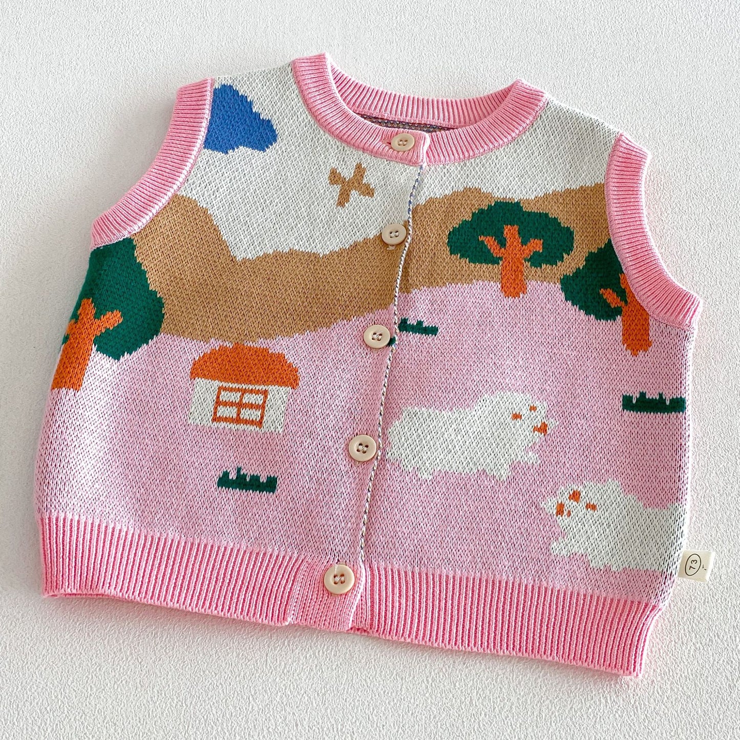 Chaleco de punto jacquard para niños, camisa de manga larga con volantes, pantalones vaqueros【mh0014038】