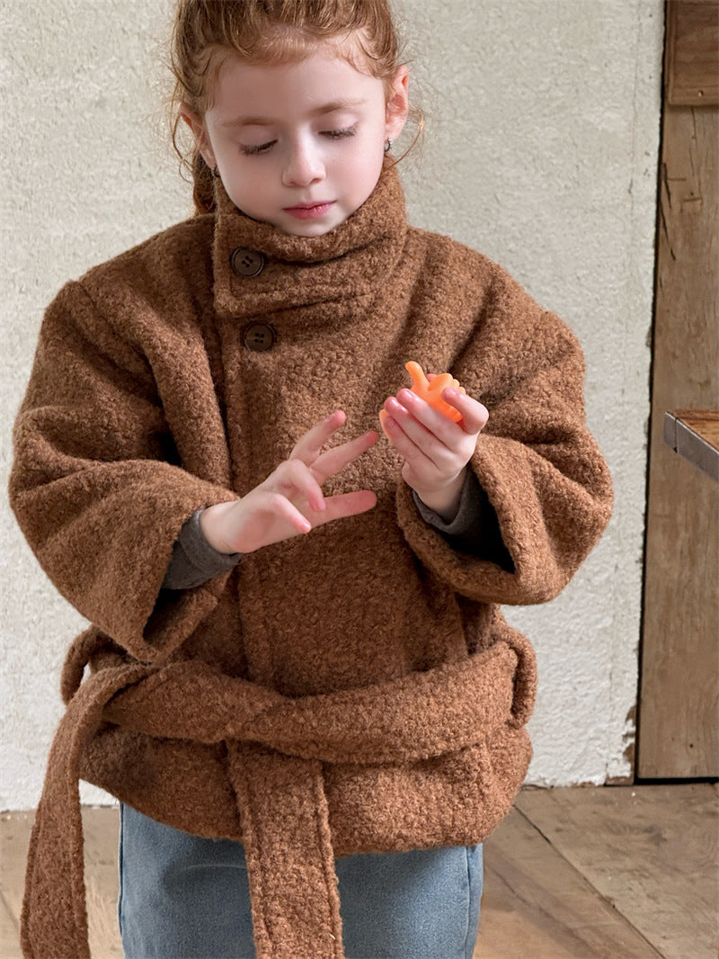 ローブコート ボア スタンドカラー ベルト付き ショート丈 アウター【mh0011617】