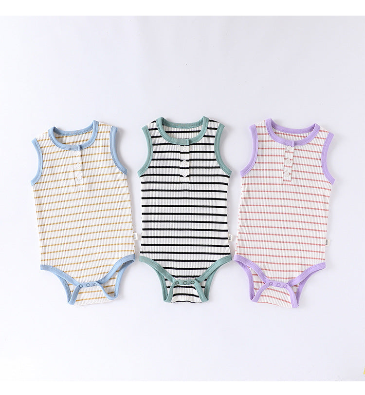 Striped Ribbed Cotton Romper マルチボーダー 半袖ノースリーブロンパース【mh0013597】