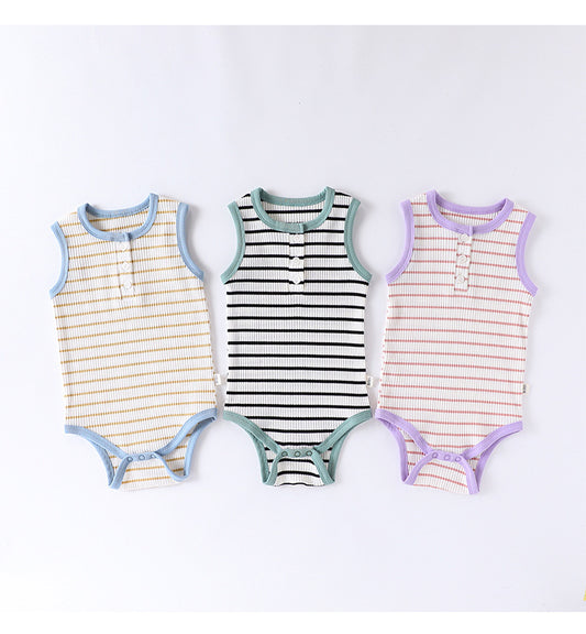 Striped Ribbed Cotton Romper マルチボーダー 半袖ノースリーブロンパース【mh0013597】