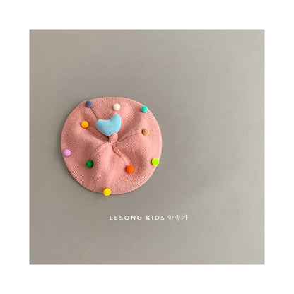 ベビー帽子 カラフルぽんぽん ハート ニット ベレー帽【mh0011842】