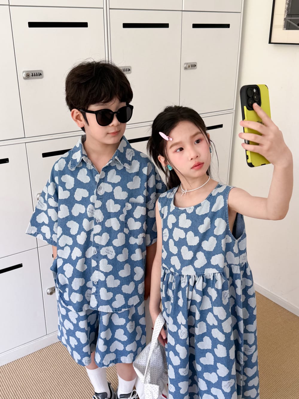 Heart Pattern Denim Set Dress ハート 半袖シャツ ハーフパンツ ノースリーブワンピース【mh0013526】