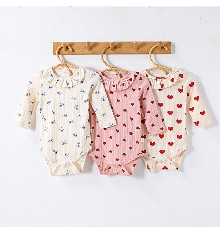 -ハート/リボンプリントラッフル襟長袖ロンパース【mh0010735】 - mamahalo shop - 長袖ロンパース -  べビー服 - 子供服 - 男の子 - 女の子