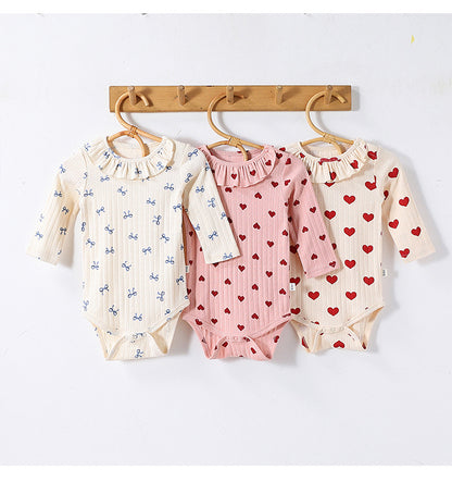 -ハート/リボンプリントラッフル襟長袖ロンパース【mh0010735】 - mamahalo shop - 長袖ロンパース -  べビー服 - 子供服 - 男の子 - 女の子