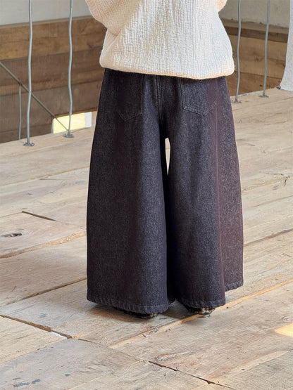 デニムパンツ ワイドルーズ 裏フリース ブラックデニム ジーンズ【mh0011773】