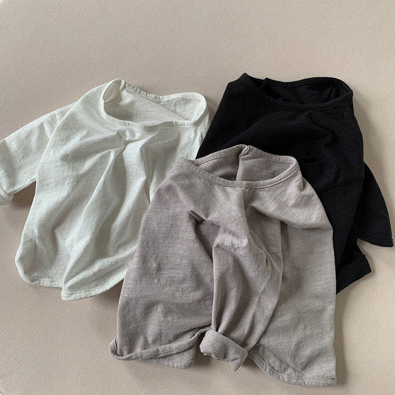 キッズ用ルーズ長袖Tシャツ（ドロップショルダー）、白・黒・グレー
