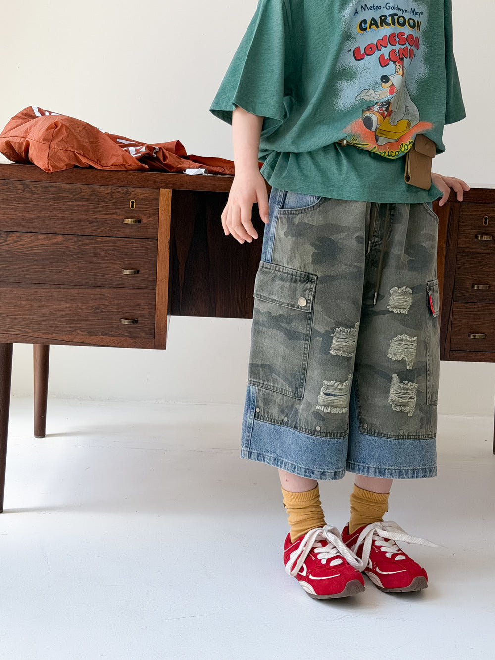 Camouflage Patchwork Denim Cargo Pants カモフラージュ ハーフパンツ【mh0013536】