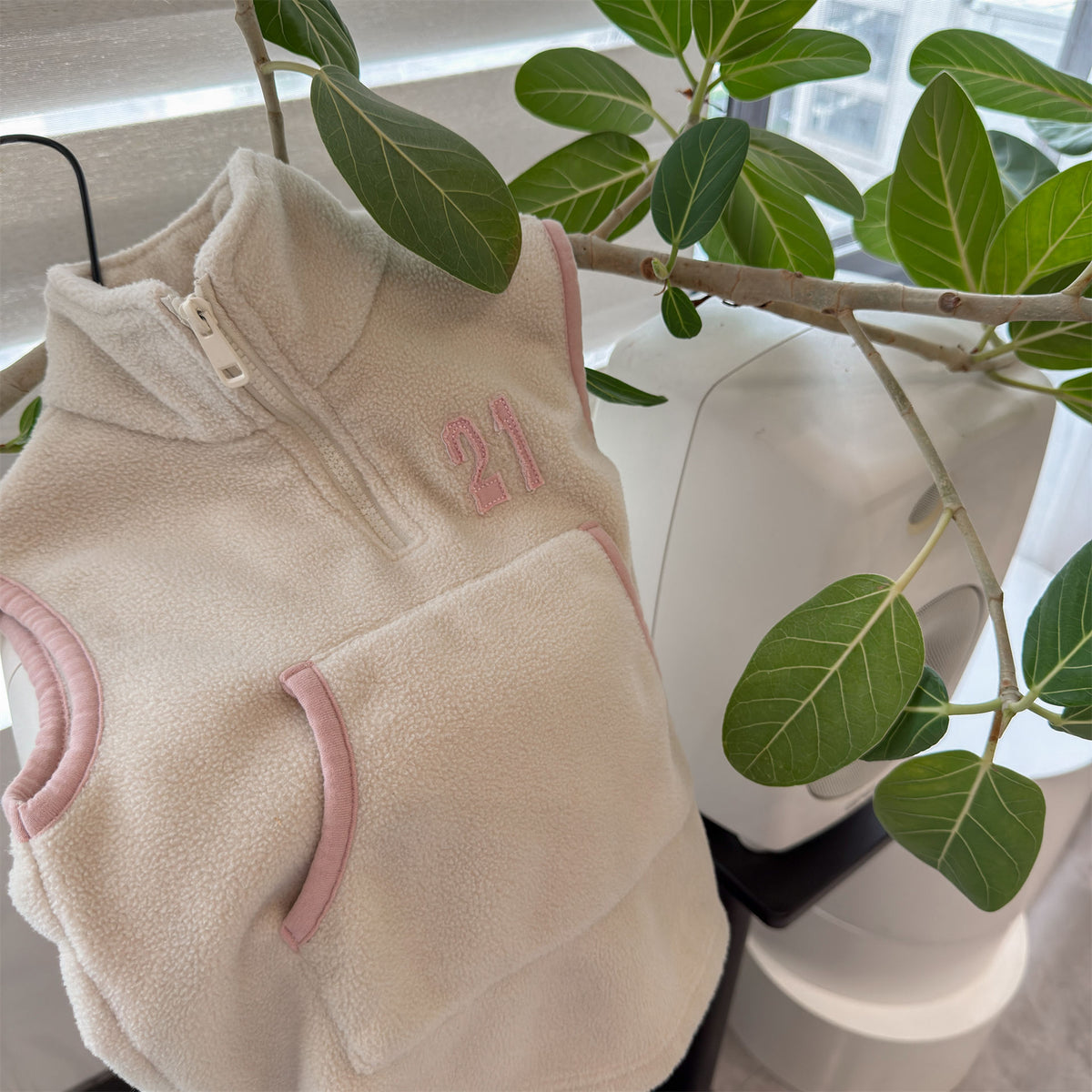 Kids' Embroidered Number Stand-Collar Half-Zip Fleece Long Vest【mh0014559】
