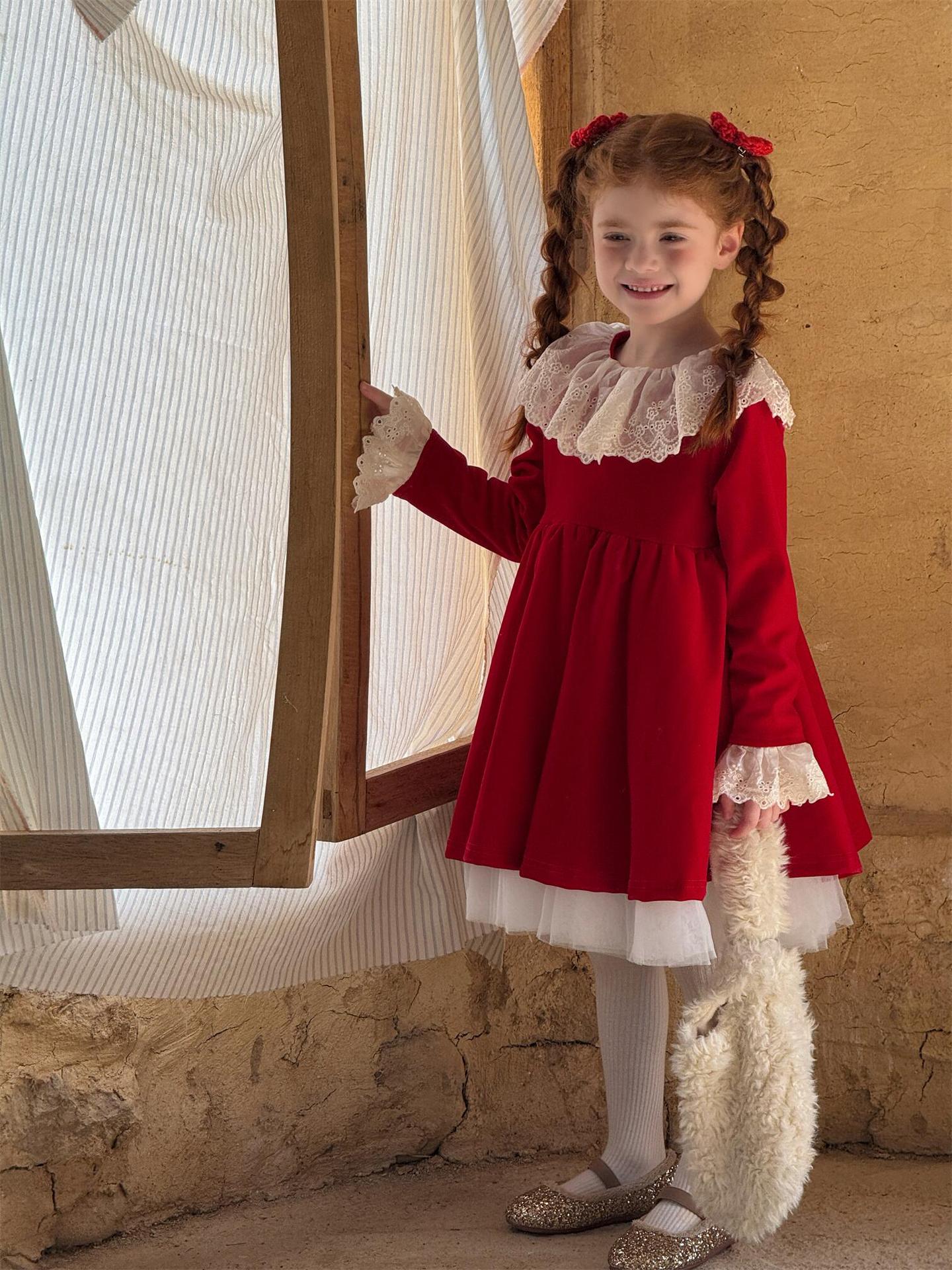 長袖ワンピース レースフリルカラー パーティドレス【mh0011762】