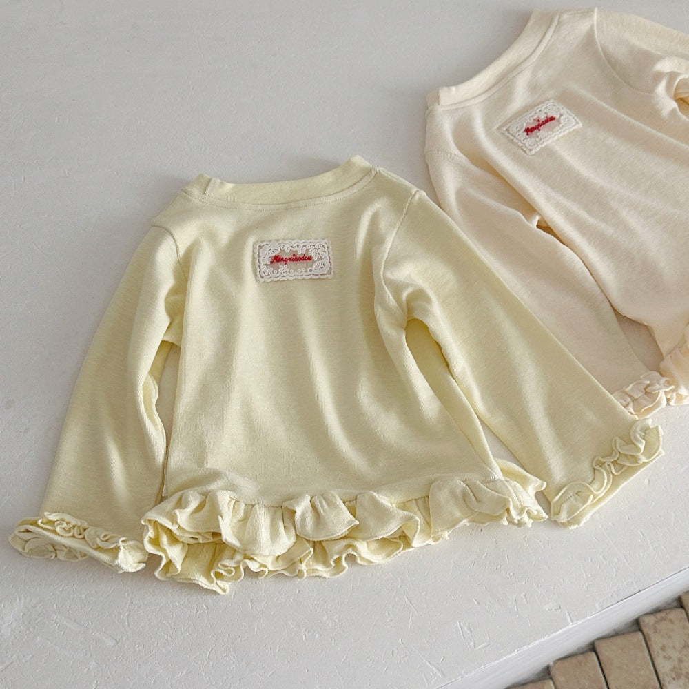 ベビー キッズ フリル裾 バックワッペン レース 長袖Tシャツ【mh0014353】
