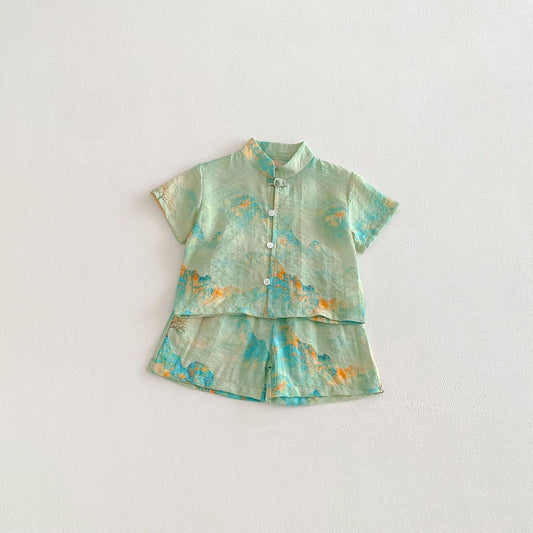 Chinese Style Printed Button Set オリエンタル 花柄 半袖 セットアップ【mh0012718】