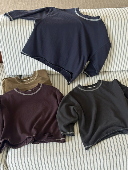 キッズ用ルーズ長袖Tシャツ、ダメージ風ステッチ（ネイビー/ブラウン/黒）