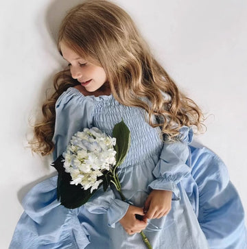 Kids' Puff-Sleeve Shirred Tiered Long-Sleeve Dress [mh0013864]