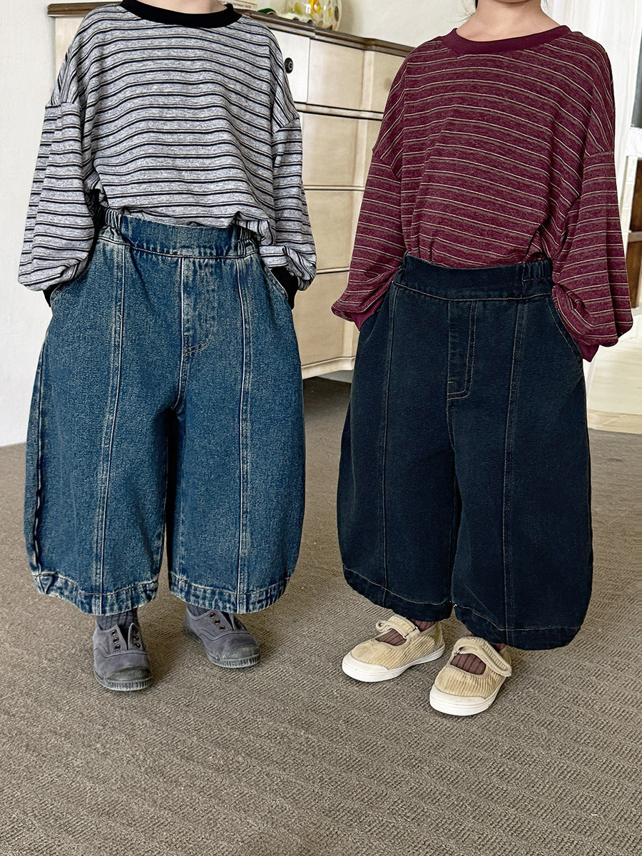 キッズ パッチワーク ウォッシュ ワイド ルーズ クロップド デニムパンツ【mh0014299】