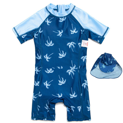 Striped Swimsuit With Matching Cap マリン 半袖水着 帽子セット【mh0013320】