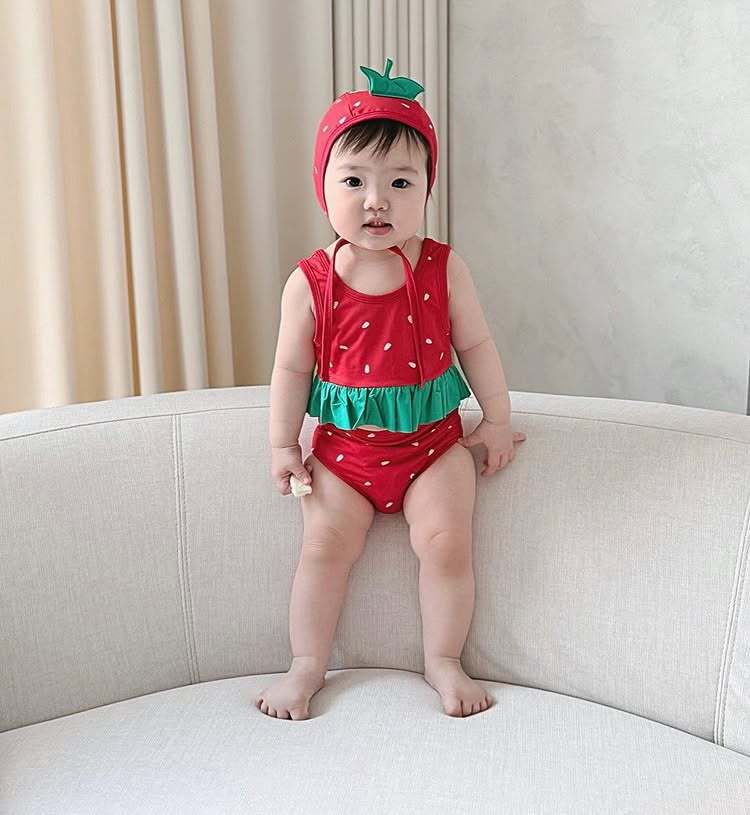 Watermelon Theme Three-Piece Swimwear スイカ タンキニ スイムパンツ スイムキャップ セット【mh0013364】