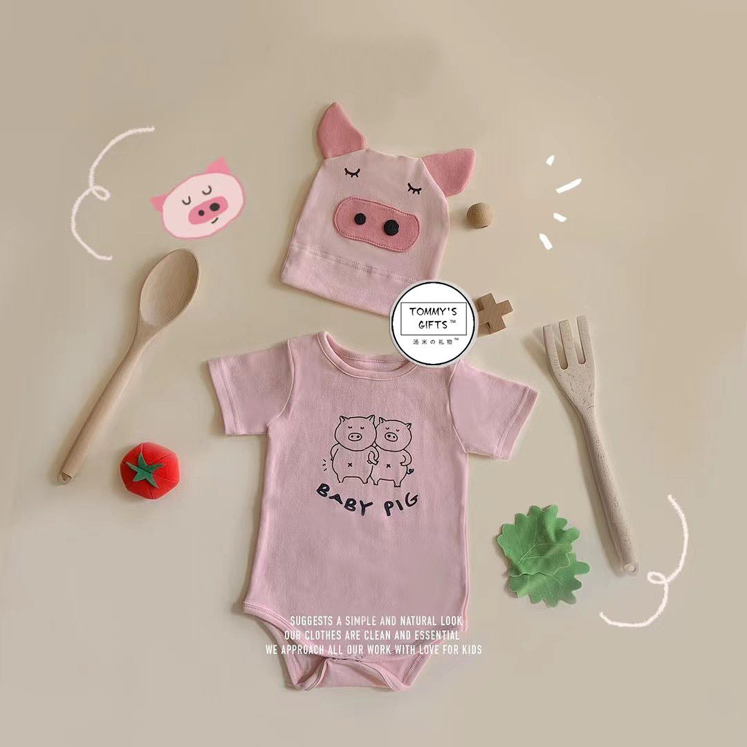 Cute Piglet Printed Short-Sleeve Romper With Hat Set ブタ 半袖ロンパース コスチューム【mh0013356】