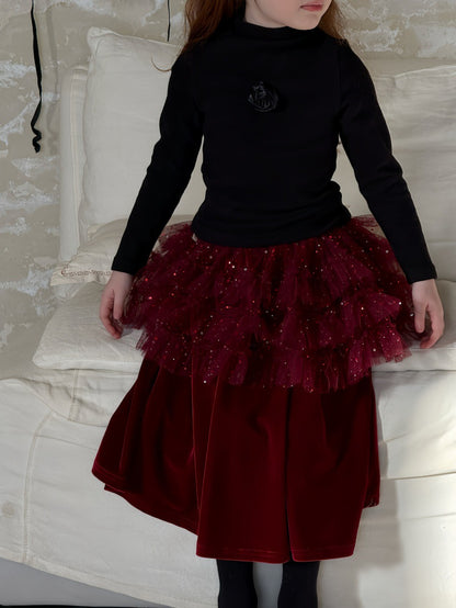 ハイネック長袖Tシャツ/ベルベッドメッシュドッキングスカート【mh0011888】