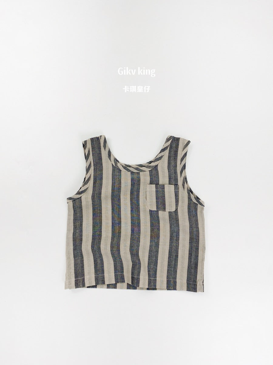 Striped Woven Cotton Vest ストライプ ノースリーブTシャツ【mh0013477】