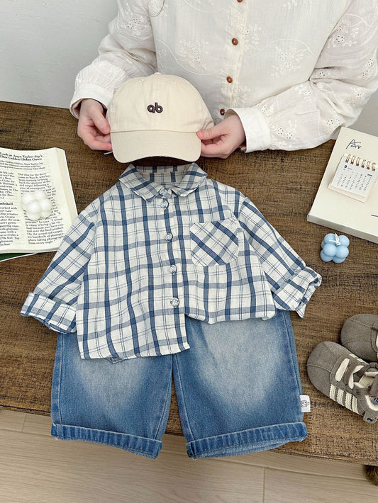Camisa de manga larga de algodón con botones frontales y bolsillo en el pecho a cuadros para bebés y niños [mh0013996]