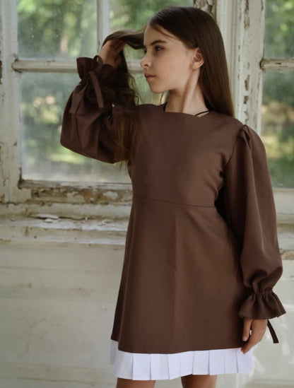 Kids' Pleated Paneled Puff-Sleeve Long-Sleeve Dress【mh0014739】