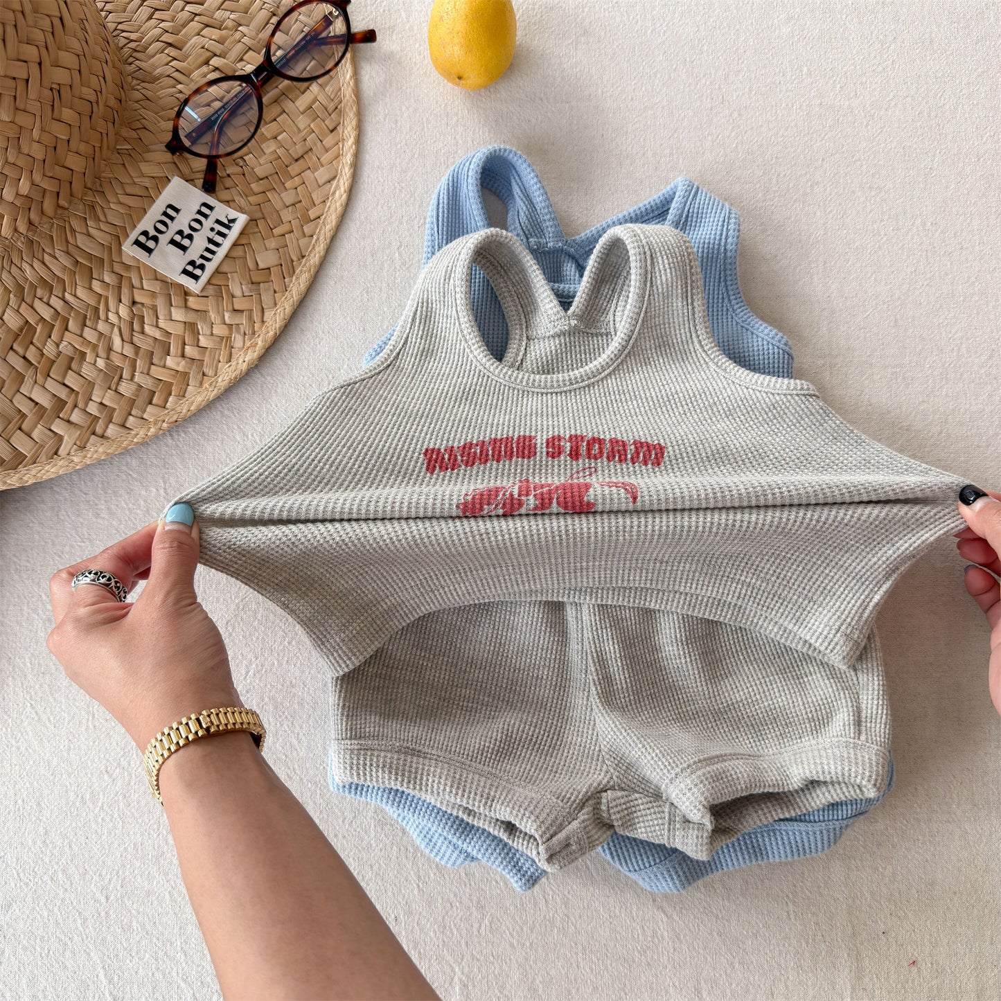 Sleeveless Waffle Logo Tank Shorts Set アメカジ タンクトップ ショートパンツ セット【mh0013451】