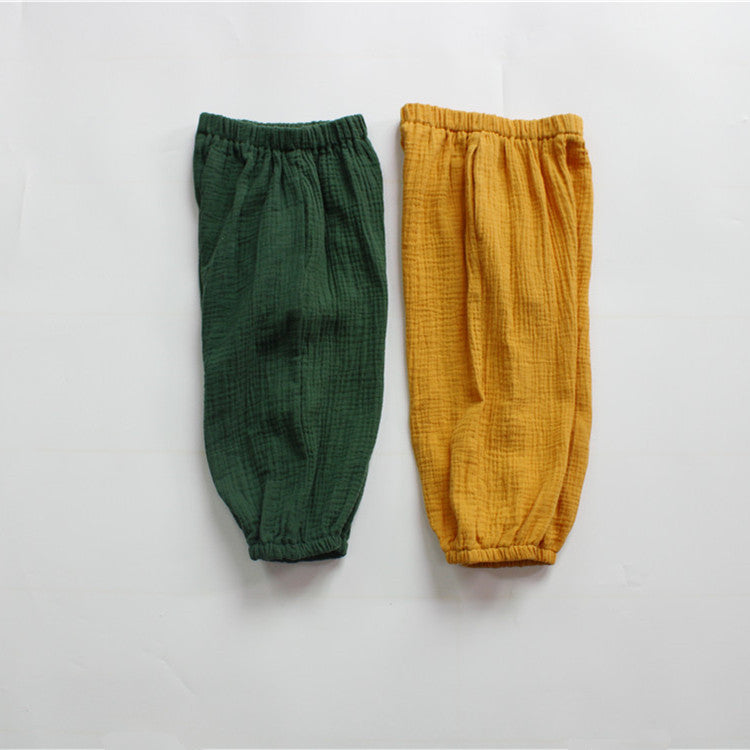 キッズ用ロングパンツ（ダークグリーン/イエロー）前面、ウエストゴムと裾ゴム