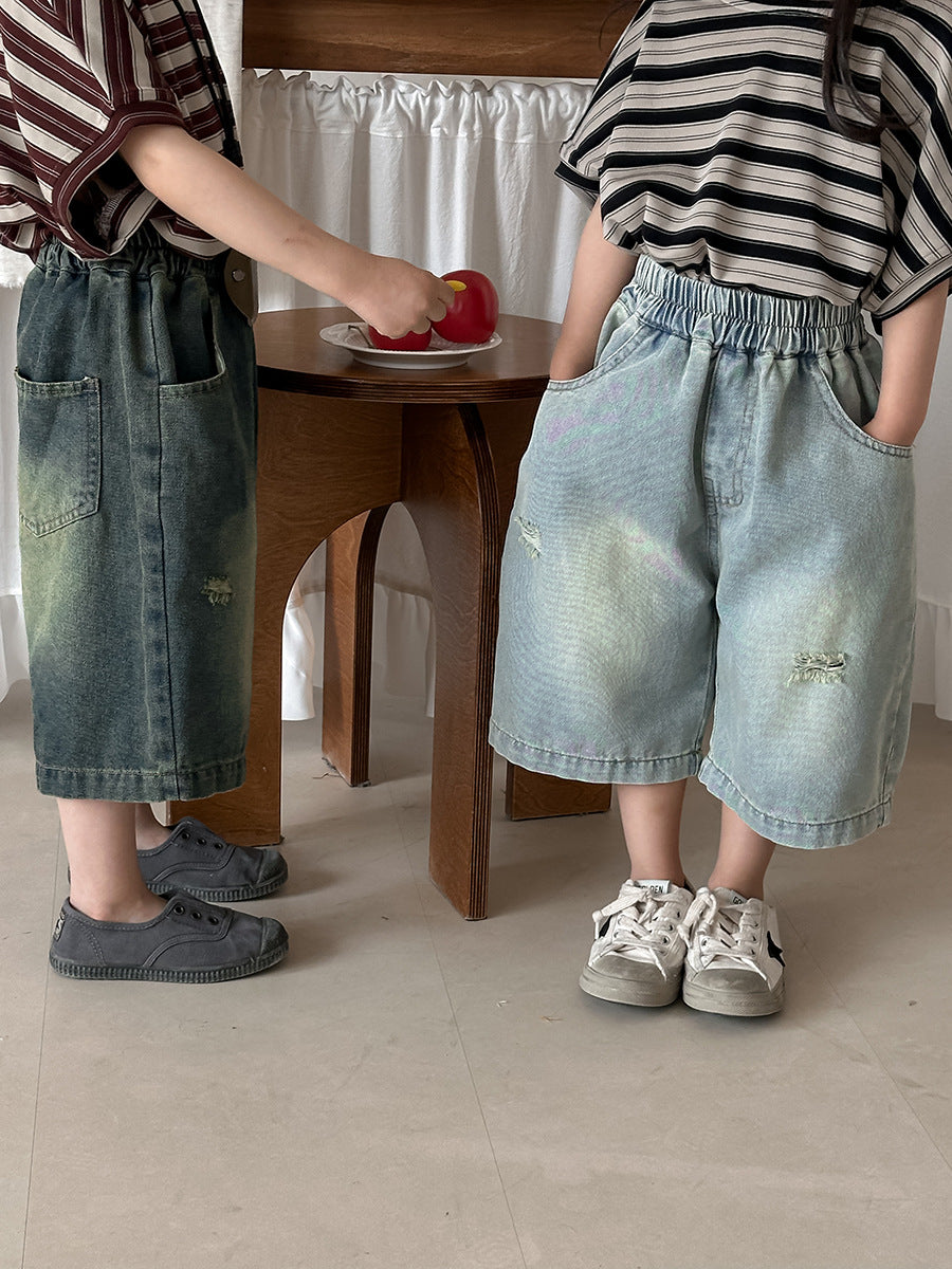 Vintage Distressed Wide Denim Capris ヴィンテージ ハーフデニムパンツ【mh0013462】