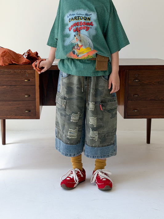 Camouflage Patchwork Denim Cargo Pants カモフラージュ ハーフパンツ【mh0013536】