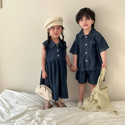 キッズ用デニムワンピース＆デニム半袖セットアップ（シャツ&パンツ）