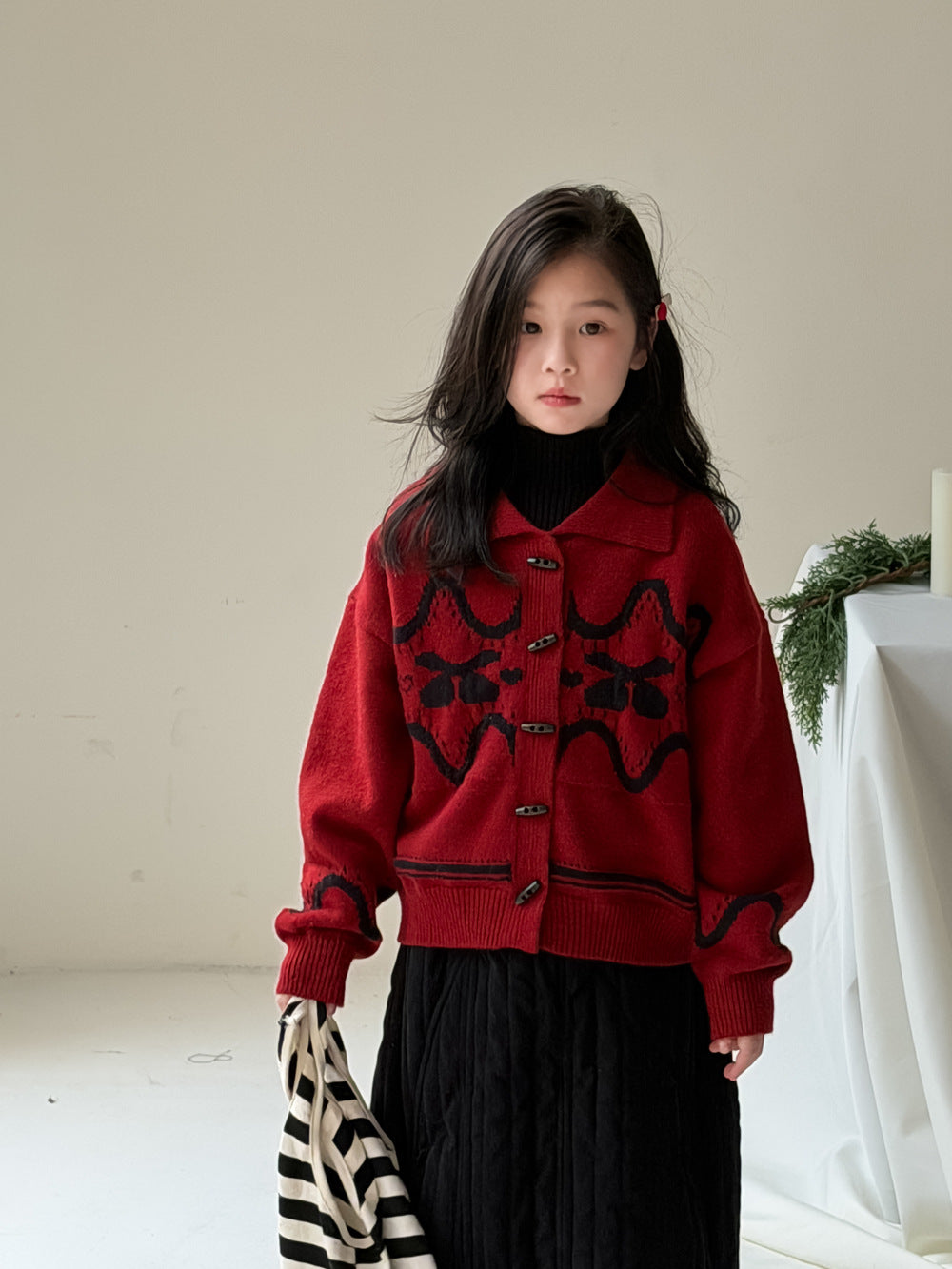Knit jacket with collar, cherry print, thick cardigan, toggle buttons [mh0011863]