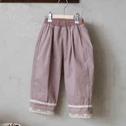 キッズ用バルーンパンツ（ピンク）裾レース、フロントタック入り